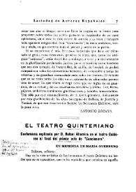 El teatro quinteriano. Conferencia explicada por D. Rafael Altamira en el teatro Calderón al final del primer acto de "Cancionera" | Biblioteca Virtual Miguel de Cervantes