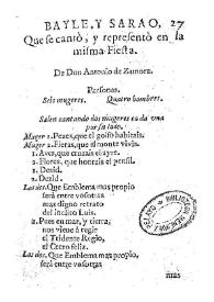 Bayle, y sarao, que se cantò, y representò en la misma fiesta / De Don Antonio de Zamora | Biblioteca Virtual Miguel de Cervantes